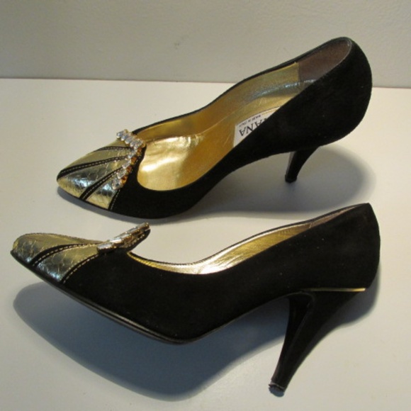 Vintage Black Leather Suede Pumps with Rhinestone Application, Size 36.5 - Picture 3 of 10
